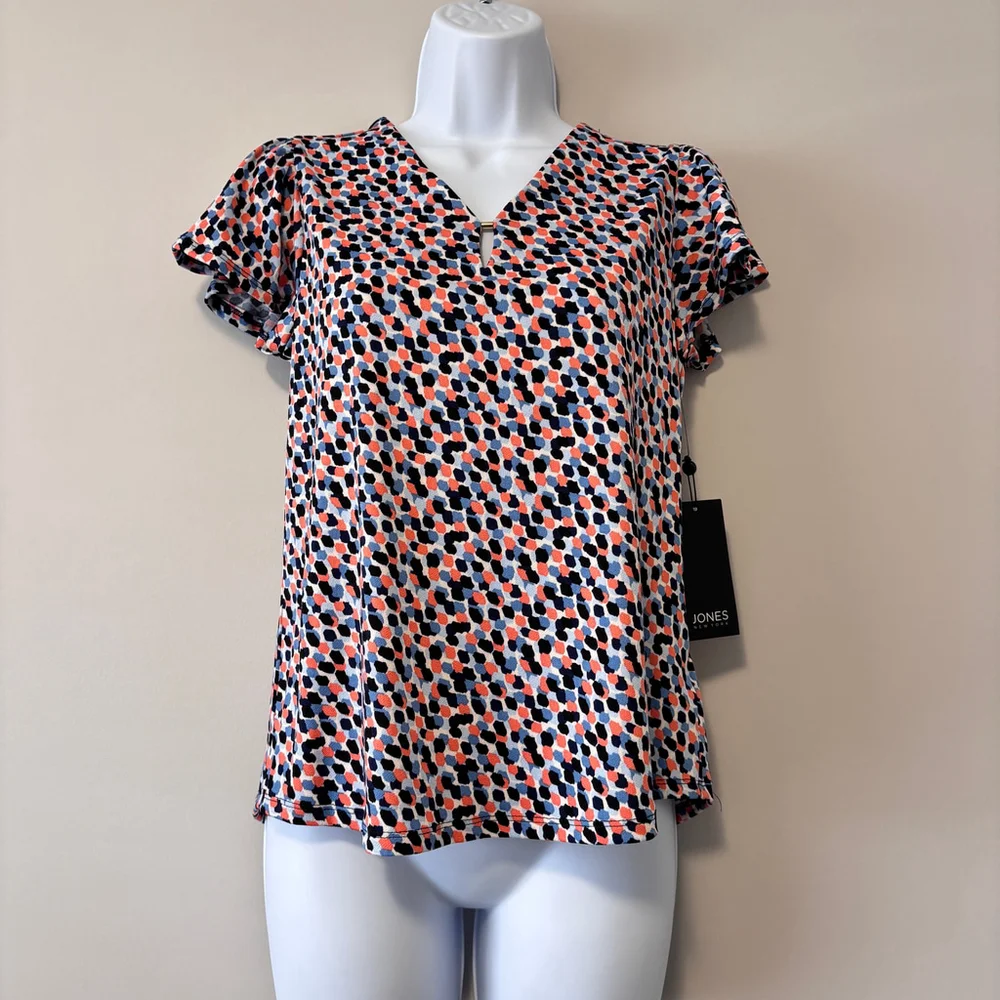 Jones New York Women's Extra Small Petite Printed Flutter-Sleeve Top NWT - Picture 3 of 6